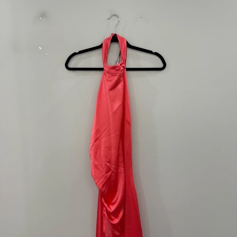 NWT Retrofete Dress Sabrina Cowl Halter Neck Open Back Maxi Gown in Satin Coral